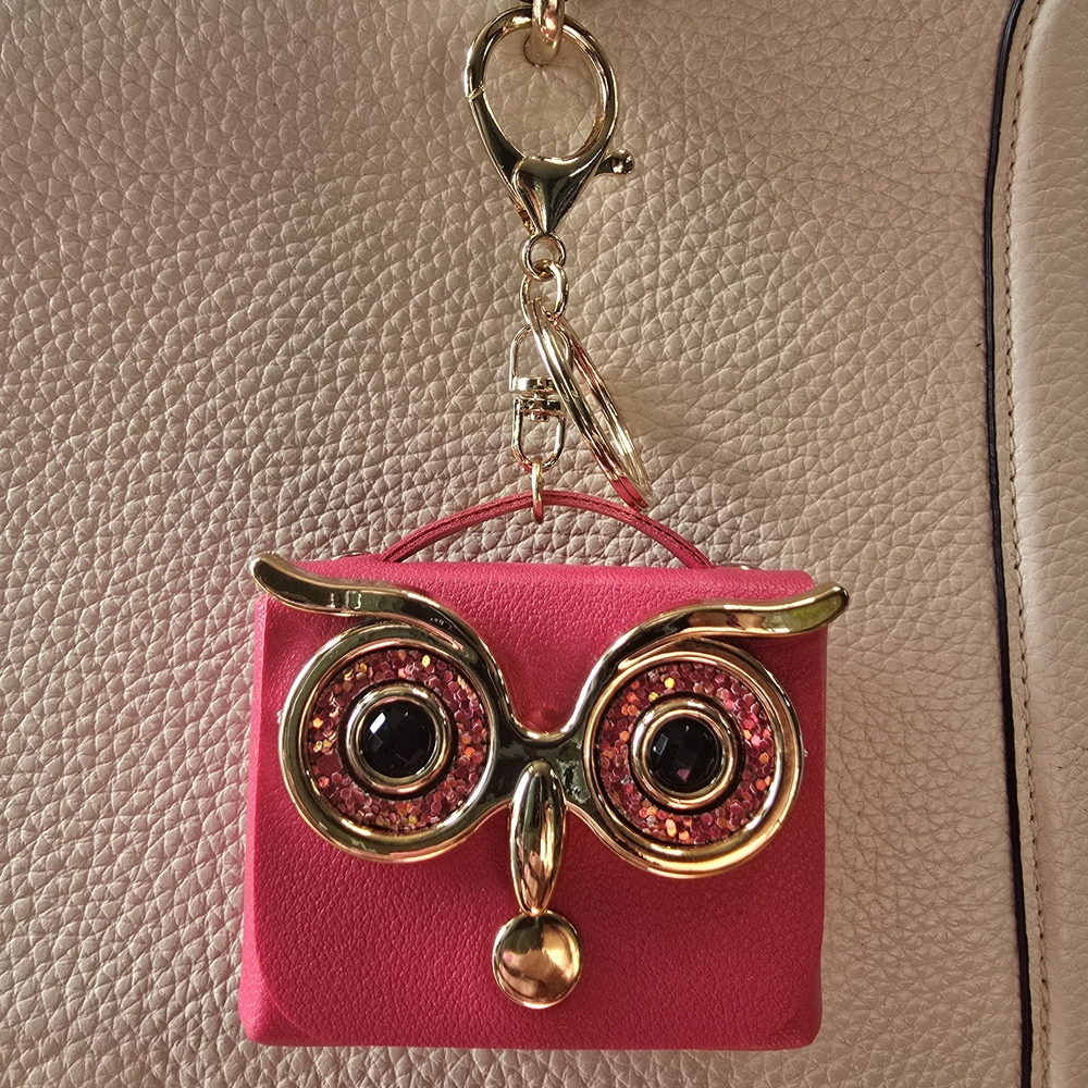 Pink Owl Keychain with Gold Accents